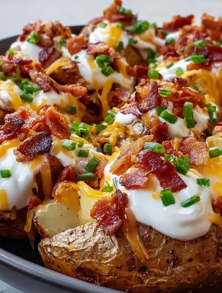 Delicious Blackstone loaded potatoes with toppings on a serving platter