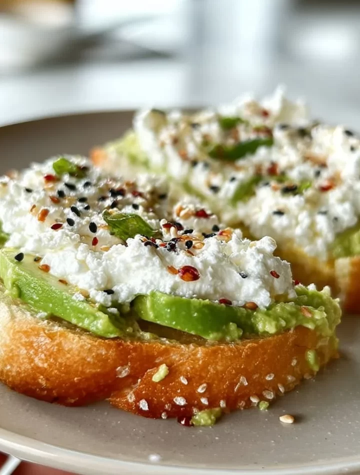 Easy cottage cheese avocado toast topped with herbs and spices