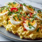 A bowl of easy egg salad with finely chopped eggs and seasonings