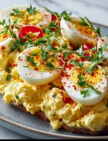 A bowl of easy egg salad with finely chopped eggs and seasonings
