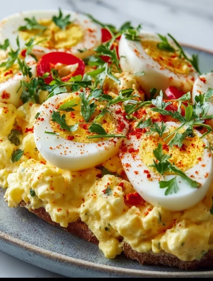 A bowl of easy egg salad with finely chopped eggs and seasonings