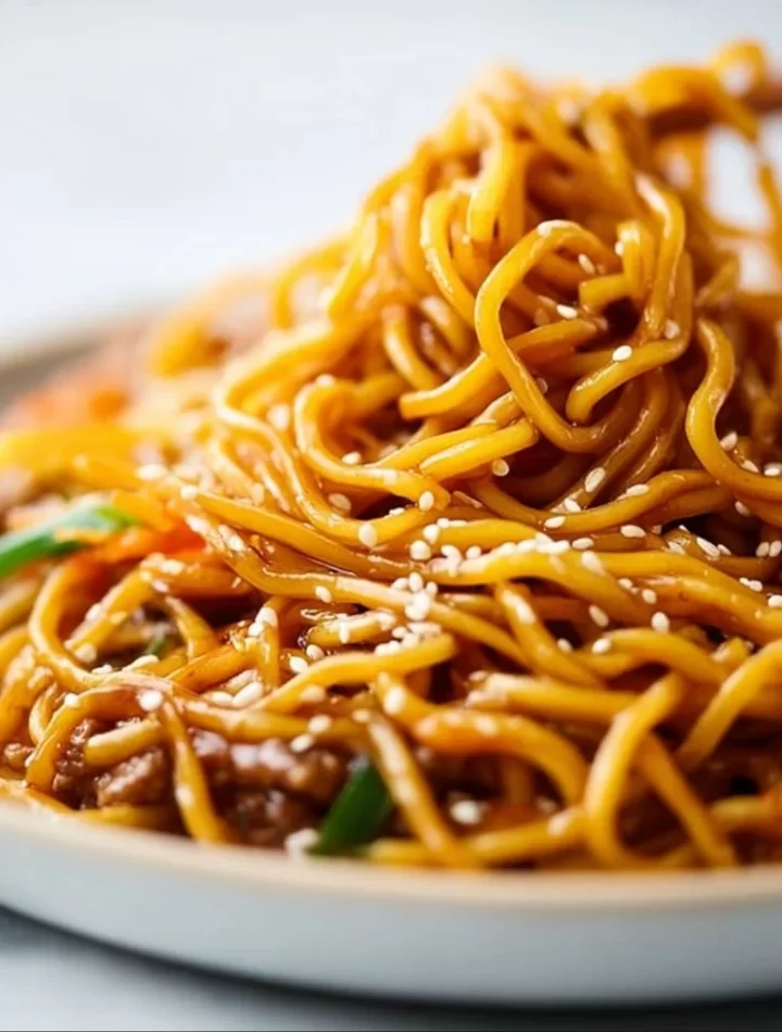 Delicious plate of easy hibachi noodles garnished with vegetables and sauce