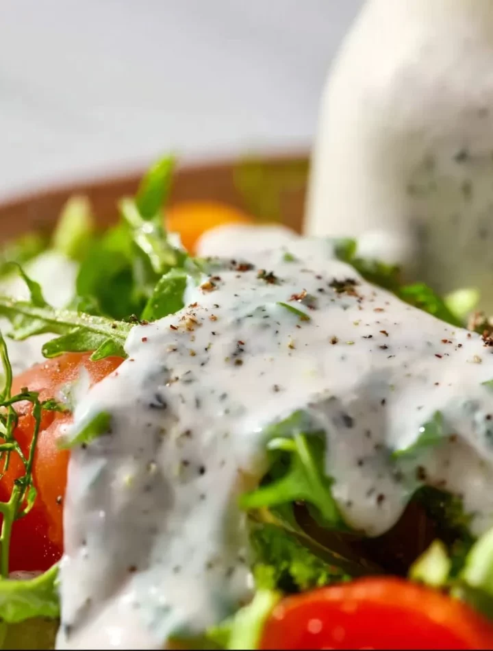 Homemade ranch dressing in a serving bowl with fresh vegetables