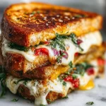 Elevated grilled cheese sandwich with gourmet toppings and golden-brown bread.