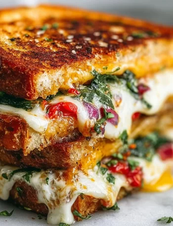 Elevated grilled cheese sandwich with gourmet toppings and golden-brown bread.