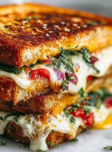 Elevated grilled cheese sandwich with gourmet toppings and golden-brown bread.