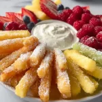 Fruit Fries with a zesty lemon dip served on a colorful plate