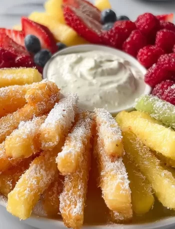 Fruit Fries with a zesty lemon dip served on a colorful plate