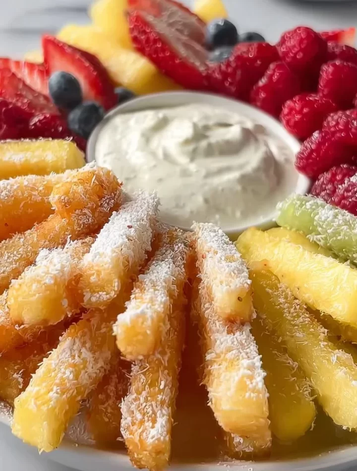 Fruit Fries with a zesty lemon dip served on a colorful plate