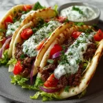 Greek beef pita wraps with tzatziki sauce served on a plate
