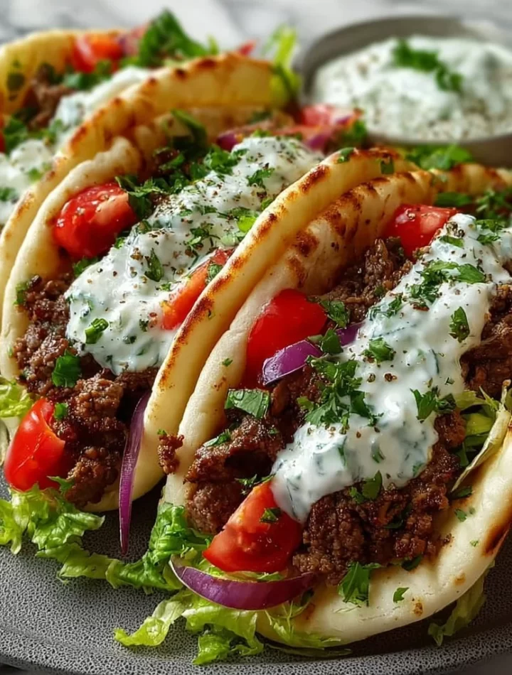 Greek beef pita wraps with tzatziki sauce served on a plate
