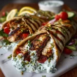 Greek Chicken Wraps topped with Pistachio Tzatziki sauce