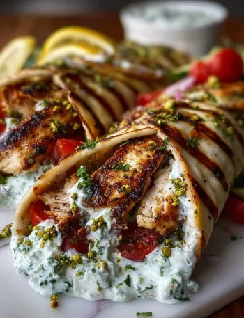 Greek Chicken Wraps topped with Pistachio Tzatziki sauce