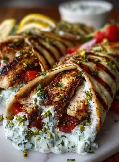 Greek Chicken Wraps topped with Pistachio Tzatziki sauce