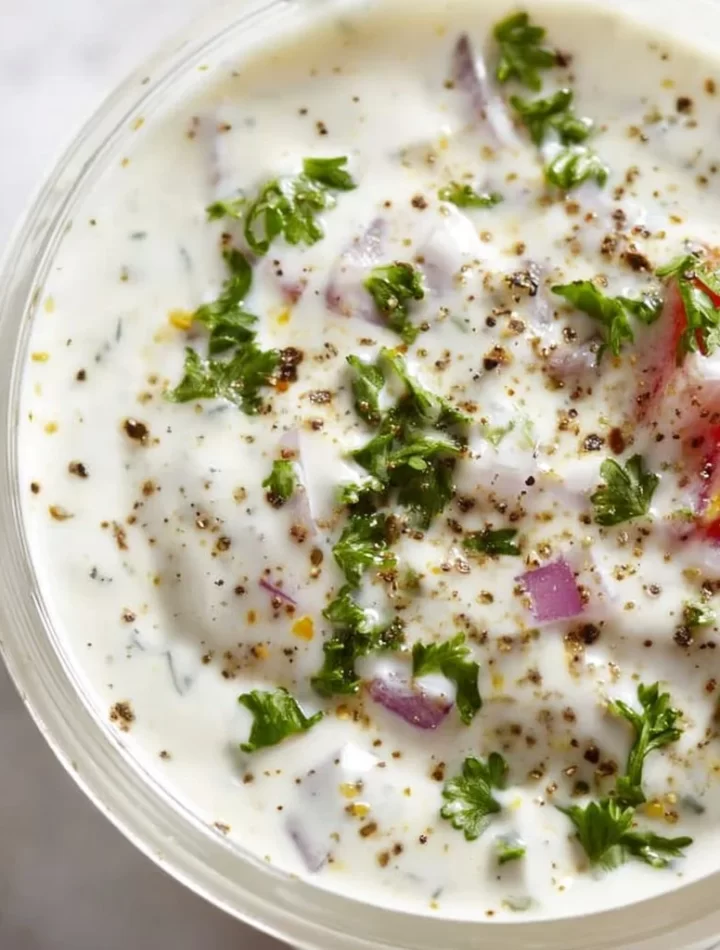 Bowl of homemade Greek yogurt ranch dressing with fresh herbs and vegetables