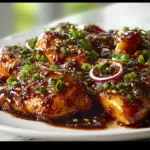 Griddle Blackstone Bourbon Chicken served on a plate with vegetables