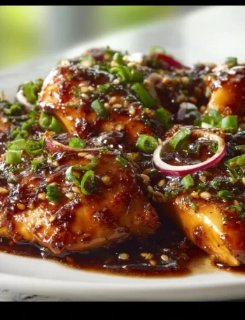 Griddle Blackstone Bourbon Chicken served on a plate with vegetables