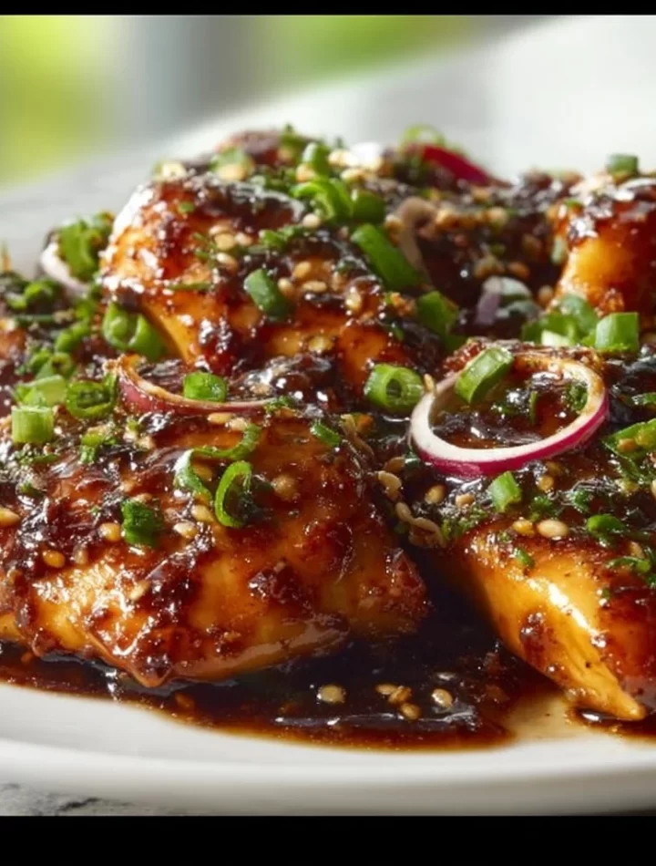 Griddle Blackstone Bourbon Chicken served on a plate with vegetables
