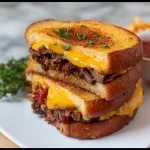 Delicious grilled cheese sandwich filled with leftover brisket and melted cheese