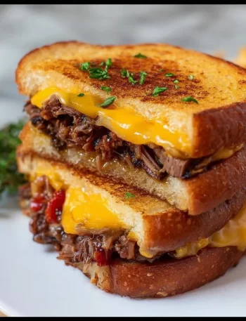 Delicious grilled cheese sandwich filled with leftover brisket and melted cheese
