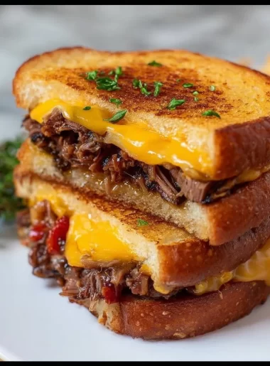 Delicious grilled cheese sandwich filled with leftover brisket and melted cheese