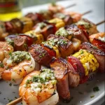 Grilled seafood skewers with shrimp, scallops, and vegetables on a plate