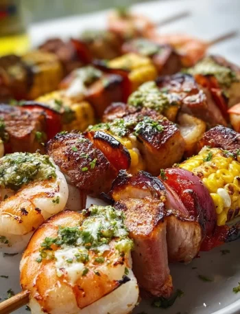 Grilled seafood skewers with shrimp, scallops, and vegetables on a plate