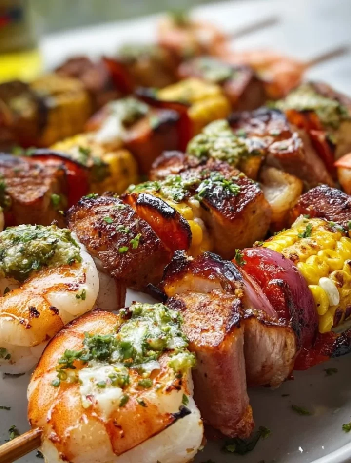 Grilled seafood skewers with shrimp, scallops, and vegetables on a plate
