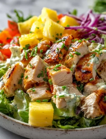 Delicious Hawaiian Chicken Salad with tropical fruits and greens