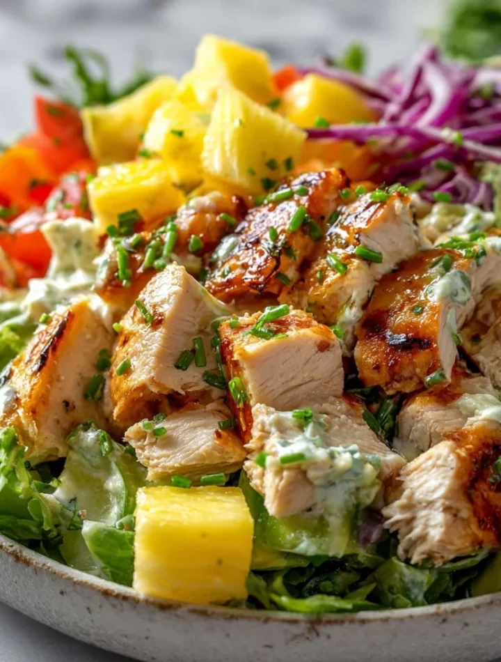 Delicious Hawaiian Chicken Salad with tropical fruits and greens