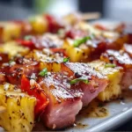 Delicious Hawaiian Ham and Pineapple Skewers ready for grilling