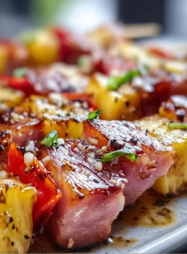 Delicious Hawaiian Ham and Pineapple Skewers ready for grilling
