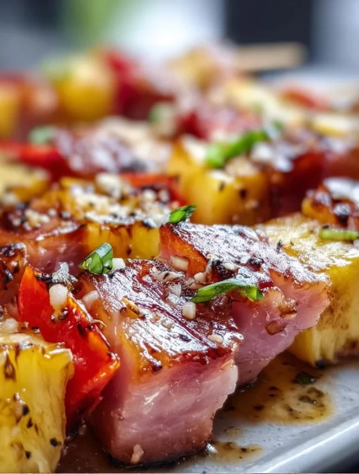 Delicious Hawaiian Ham and Pineapple Skewers ready for grilling