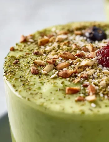 Healthy green smoothie with spinach, banana, and chia seeds in a glass