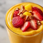 Healthy mango strawberry sunrise smoothie in a glass with fresh fruit