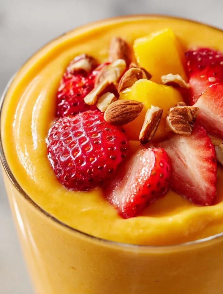 Healthy mango strawberry sunrise smoothie in a glass with fresh fruit