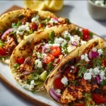 Healthy Mediterranean chicken tacos served with fresh vegetables and herbs.
