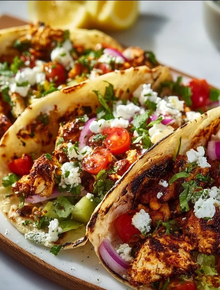 Healthy Mediterranean chicken tacos served with fresh vegetables and herbs.