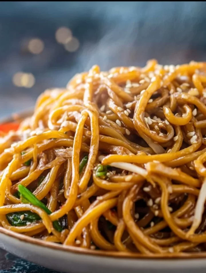 Delicious homemade Hibachi Noodles served in a bowl with vegetables and sauce.