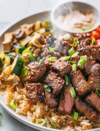 Delicious hibachi steak cooked to perfection on a grill.