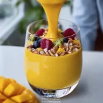 High protein mango smoothie in a glass with fresh mango pieces.