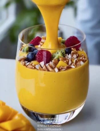 High protein mango smoothie in a glass with fresh mango pieces.
