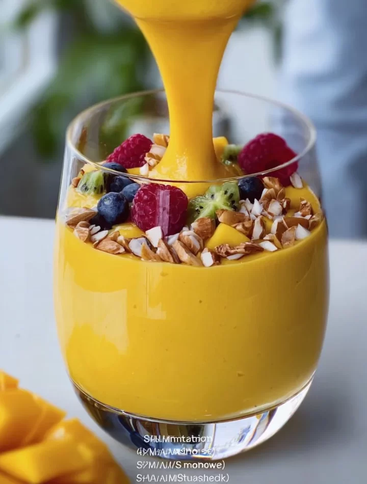 High protein mango smoothie in a glass with fresh mango pieces.