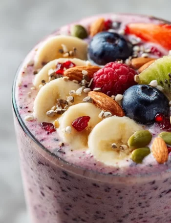 High-protein berry smoothie in a glass with fresh berries and ingredients