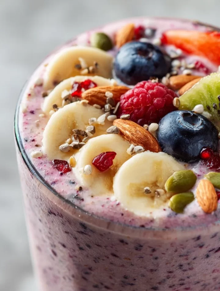 High-protein berry smoothie in a glass with fresh berries and ingredients