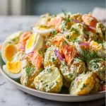 Homemade smoked salmon potato salad served in a bowl