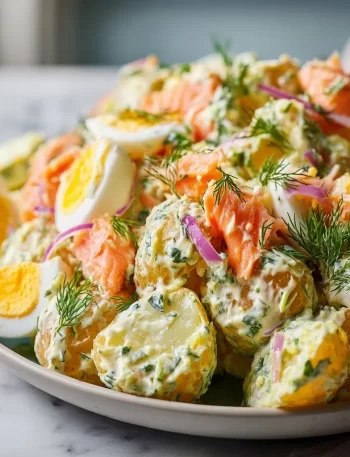 Homemade smoked salmon potato salad served in a bowl