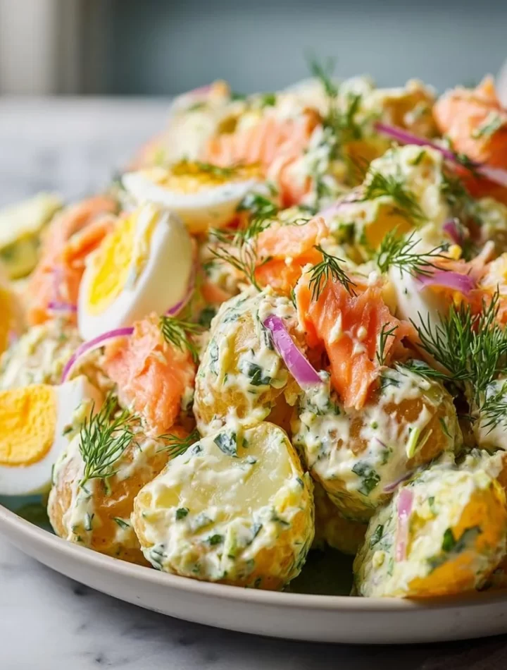 Homemade smoked salmon potato salad served in a bowl