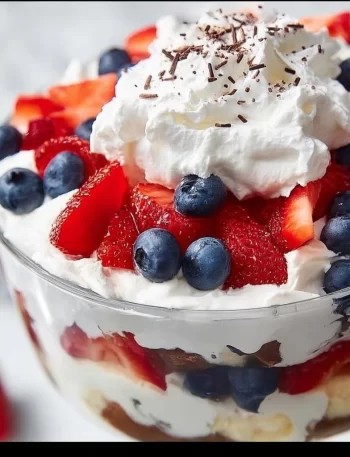 Easy 4th of July trifle dessert with layers of fresh berries and whipped cream