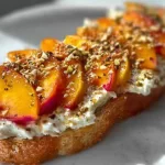 Delicious peach toast topped with creamy yogurt and fresh mint, perfect for breakfast.